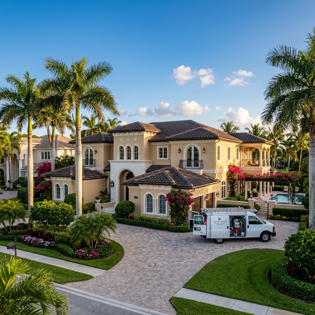 Freshly painted luxury Jupiter estate with warm stucco finish and immaculate white trim at golden hour