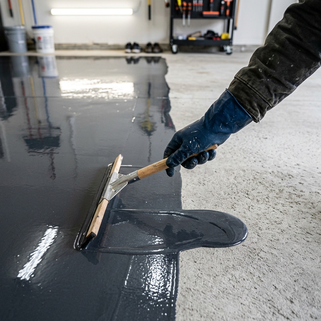 Gloved hand spreading glossy epoxy coating across a concrete garage floor