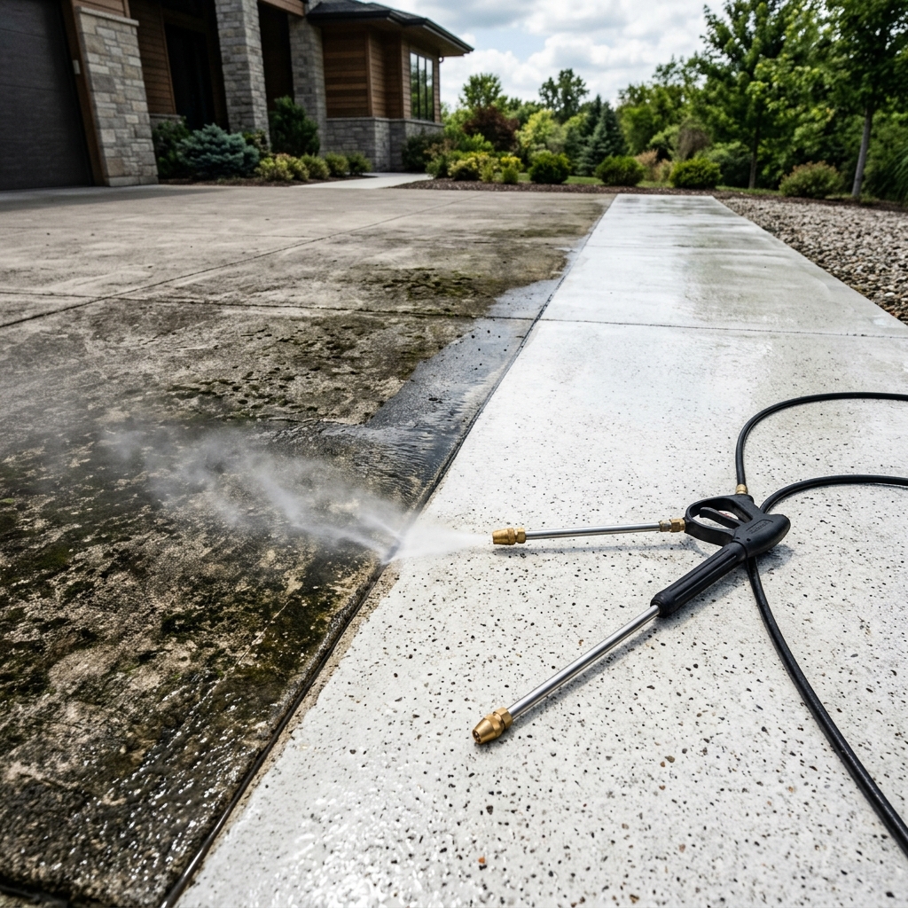Arm holding a pressure washer wand cleaning a dirty concrete surface