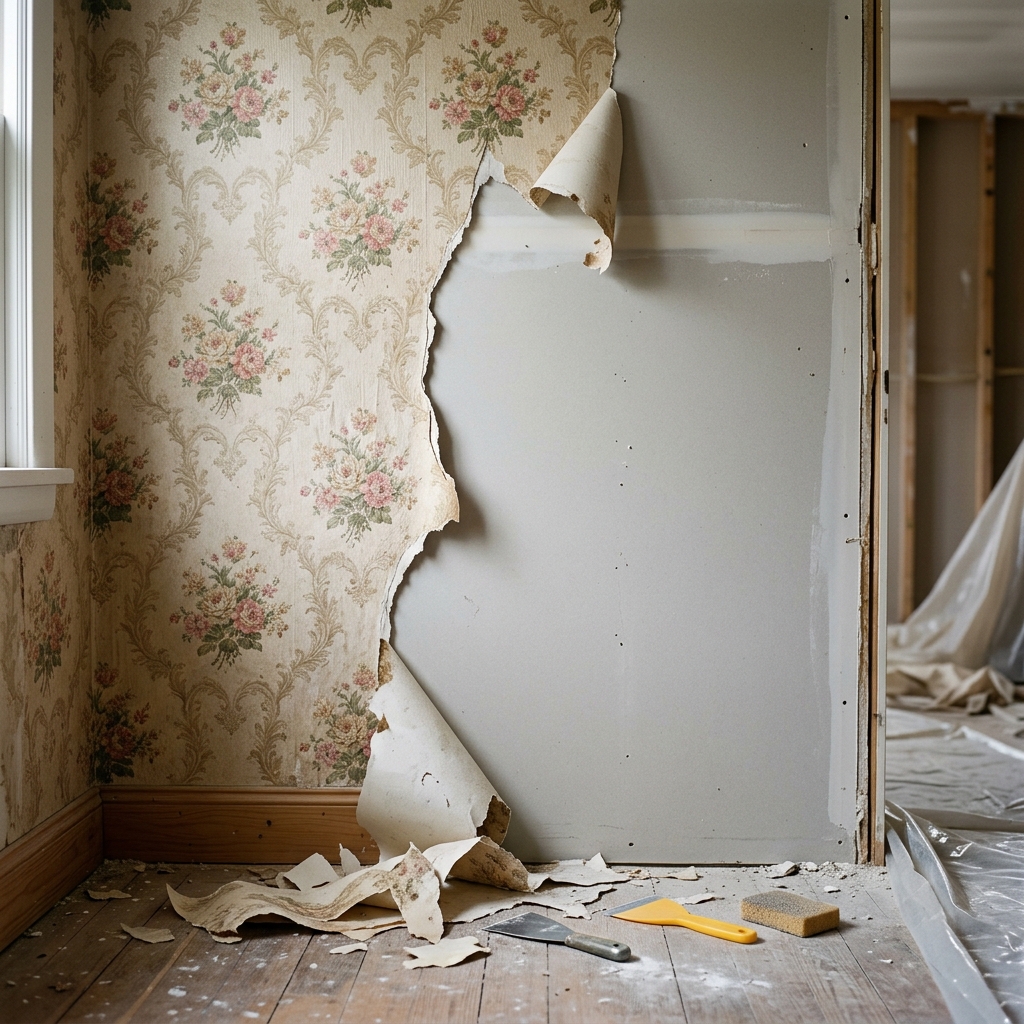 Hand carefully peeling back wallpaper from a wall revealing clean drywall beneath